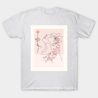 Pretty Girl Line Art Pink Pastel T-Shirt